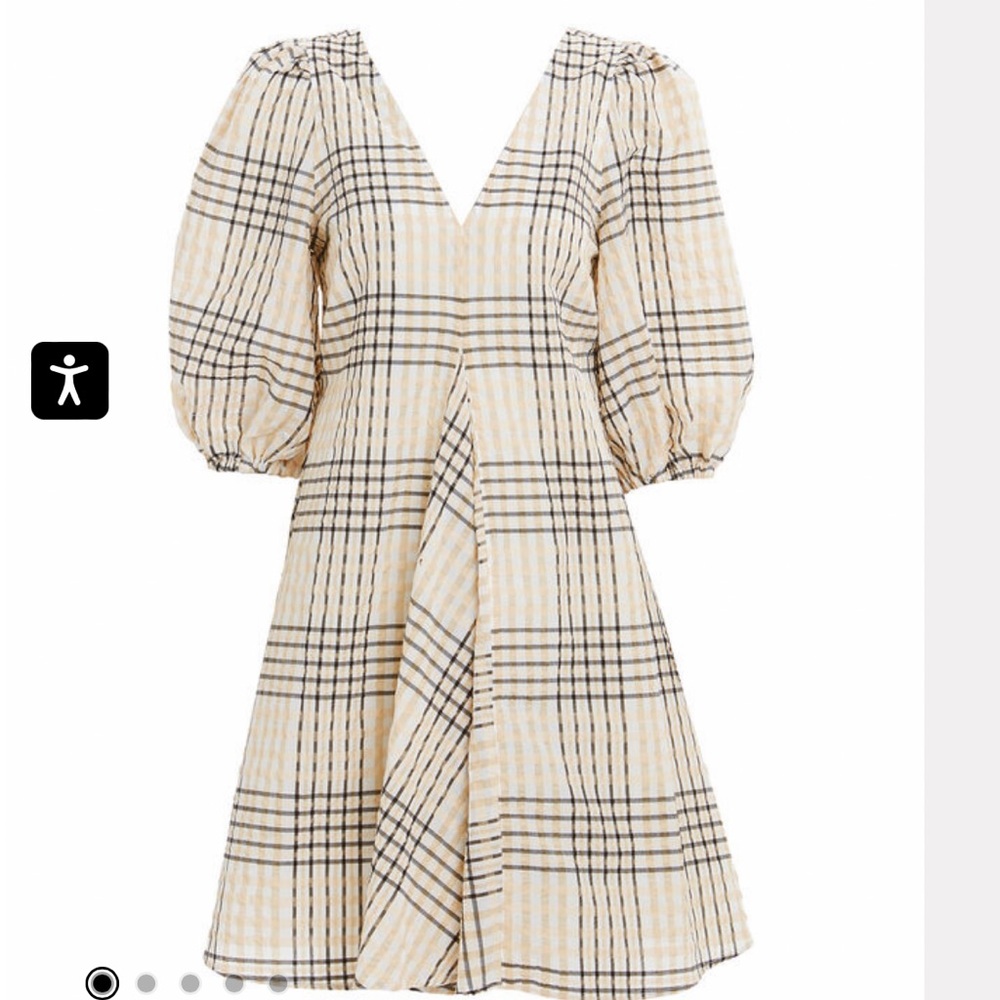 GANNI SEERSUCKER CHECK MINI DRESS IN IVORY SIZE EU 38. US 8 - Picture 2 of 12